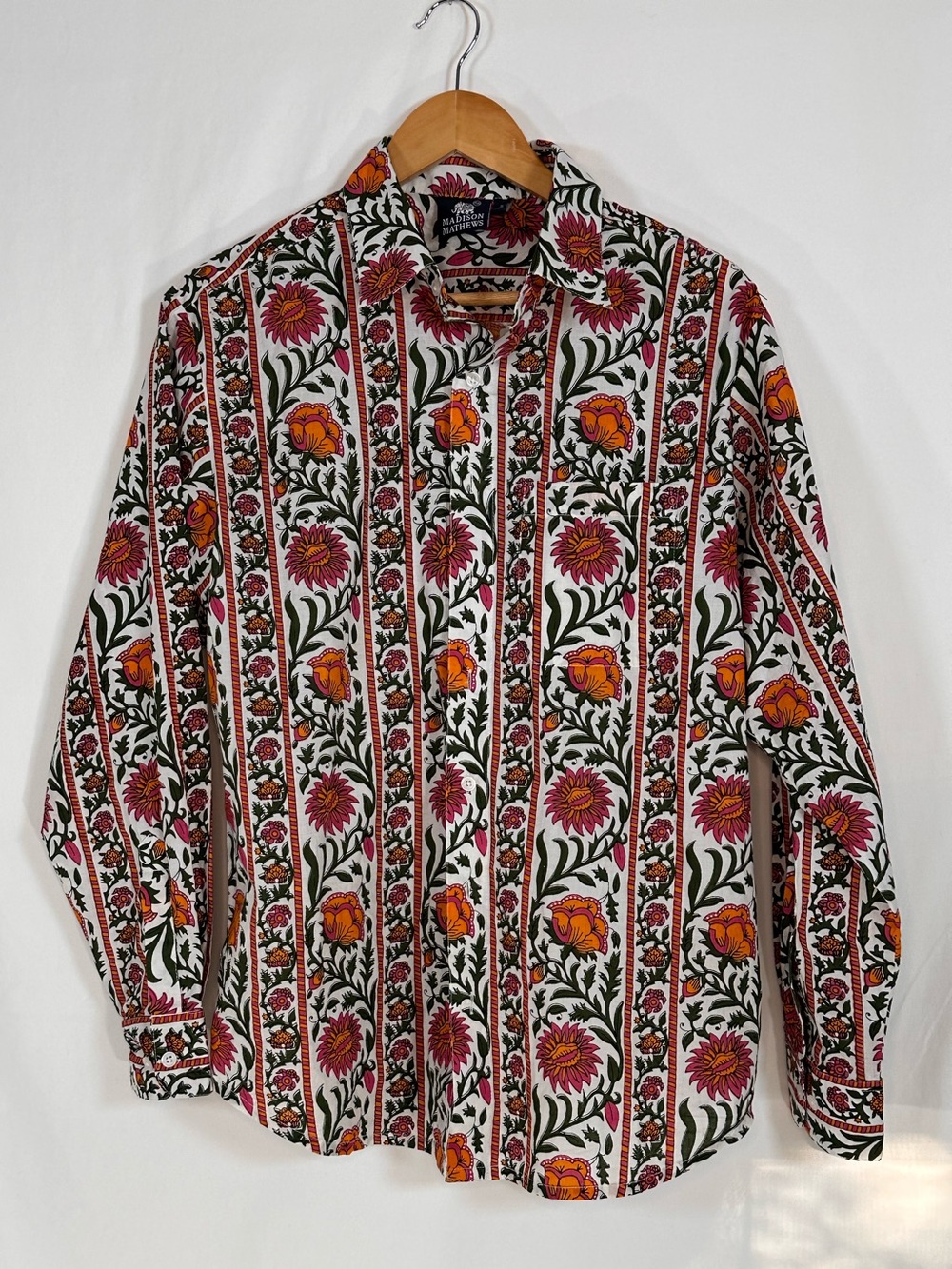 Madison Mathews Shirt Womens S Floral Block Print Cotton Button Down Boho India